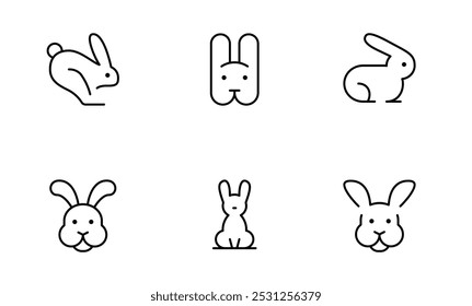 Bunny and Rabbit Icon Set. A collection of icons featuring cute bunny and rabbit designs in various styles and poses, created with a minimalist outline for a playful and whimsical look.