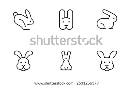 Bunny and Rabbit Icon Set. A collection of icons featuring cute bunny and rabbit designs in various styles and poses, created with a minimalist outline for a playful and whimsical look.