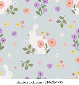 Bunny rabbit and meadow flower seamless pattern, colorful hand drawn vector digital paper background for fabric, textile, stationery, wallpaper.