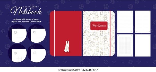 Bunny Rabbit notebook theme with lines, cells, list and blank pages included. A4 format vector made easy to edit. 