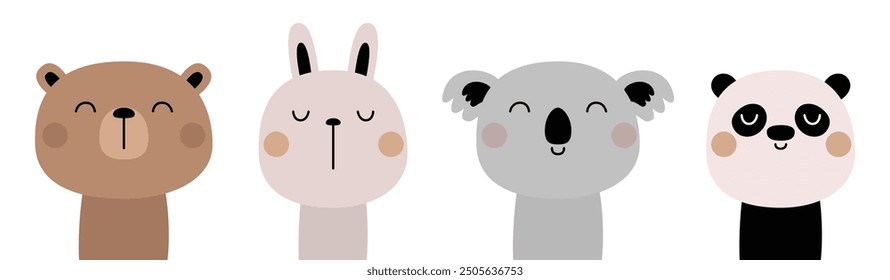 Bunny rabbit, panda, koala, grizzly bear set. Funny face head. Cute kawaii cartoon character. Happy Valentines Day. Childish style. Sticker print. Greeting card. White background. Flat design. Vector