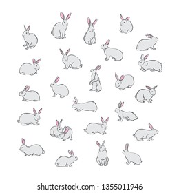 Bunny rabbit pet vector set. Hand drawn happy Easter day different characters. Animal isolated on white background.