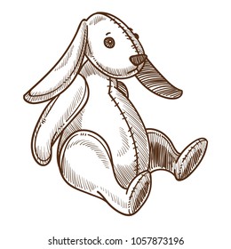 Bunny rabbit plush retro toy sketch vector hand drawn isolated vintage cartoon character icon