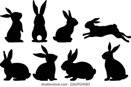 Bunny Rabbit silhouette set, isolated on white background