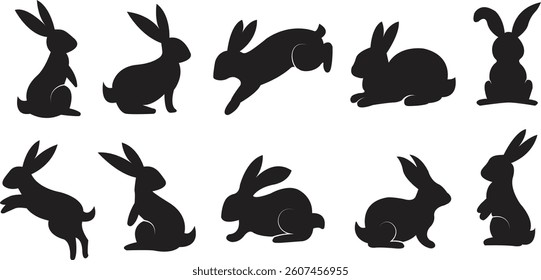 Bunny rabbit silhouettes icon set. Easter bunny. Cutie bunnies isolated on transparent background. Suitable for logo, emblem, pictogram, print, design element for greeting card. Vector illustration.