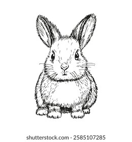 Bunny rabbit sketch outline illustration. Cute little bunny doodle drawing in engraving style. Hand drawn vector line art clipart