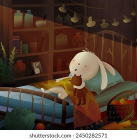 Conejo o conejo durmiendo con su osito de peluche en la cama dentro de su casa. Personajes de juguetes de animales durmientes en el interior del dormitorio de los niños por la noche. Vector ilustrado mágico para niños cuento o cuento de hadas