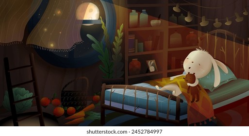 Bunny or rabbit sleeping with his teddy bear in bed inside his house. Sleepy animal toys characters in kids bedroom at night. Vector illustrated magical moonlight scene for children story or fairytale