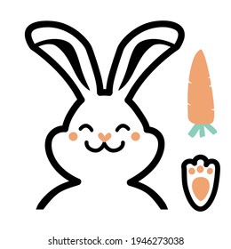 Bunny rabbit smiling with carrot. Vector cartoons illustration isolated on white for design