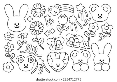 Bunny rabbit, teddy, summer flower, rainbow and butterfly outlines for colouring book, colouring page, art, design, tattoo, sticker, logo, icons, nature, garden, fabric print, comic, cartoon character