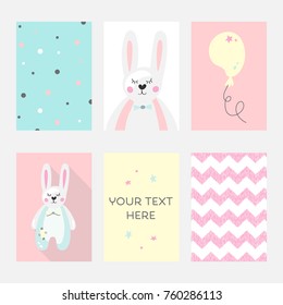 Bunny or rabbit toy illustration cards set with place for your text in flat style. Template for cards or poster design. Vector illustration in pastel colors for invitations the party.