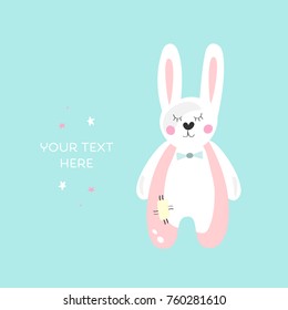 Bunny or rabbit toy illustration with place for your text in flat design style. Bunny cartoon character for cards or poster design. Design in pastel colors for invitations to a children's party.