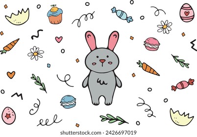 Bunny rabbit. Vector doodle set with carrot, eggshell, candy, colored eggs