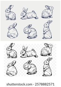 Bunny, rabbit, vector illustration set, engraving style, hand drawn
