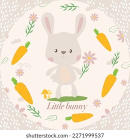 Bunny rabbit vector illustrations hand drawing set. Vector plants, flowers, carrots butterfly, leaves seasonal flat style collection Isolated.