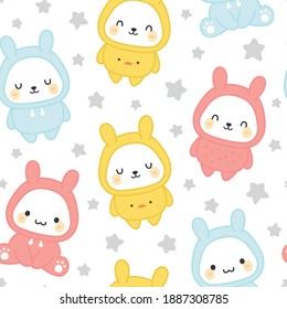 Bunny Rabbit wearing hoodie, Kawaii seamless pattern, vector illustration background, easter wallpaper for kids