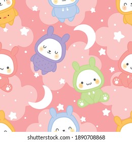 Bunny Rabbit wearing hoodie, Kawaii seamless pattern, vector illustration background, easter wallpaper for kids