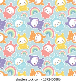 Bunny Rabbit wearing hoodie, Kawaii seamless pattern, vector illustration background, easter wallpaper for kids