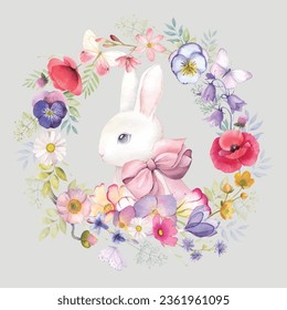 Bunny rabbit wreath cute eyes kids room decor print easter cute eyes kids room decor print eggs sticker Watercolor nursery bunny baby kids room decor flower wreath spring white bright party animal cu