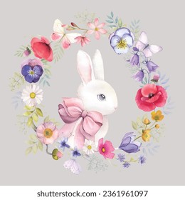 Bunny rabbit wreath cute eyes kids room decor print easter cute eyes kids room decor print eggs sticker Watercolor nursery bunny baby kids room decor flower wreath spring white bright party animal cu