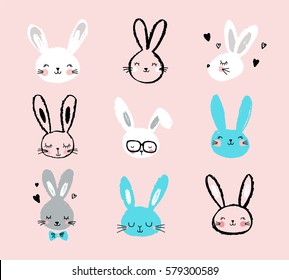 Bunny, rabbits, cute characters set, for Easter, kids and baby t-shirts and greeting cards