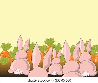 Bunny rabbits in a field of carrots. Vector