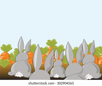 Bunny rabbits in a field of carrots. Vector