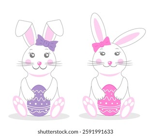 Bunny rabbits holding colorful Easter eggs in a cheerful vector illustration for spring celebrations