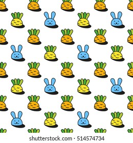 Bunny rabbits and little carrots in the garden. Children vector seamless pattern. Cute character design and graphic elements for kids. Cartoon hand drawn style. Wrapping, package, textile design.