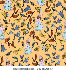 Bunny and rabbits in the meadow. Seamless spring pattern.