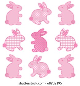 Bunny Rabbits, nine baby Easter Bunnies in pastel pink gingham check and polka dots for baby books, scrapbooks, albums, holidays. EPS8 compatible.