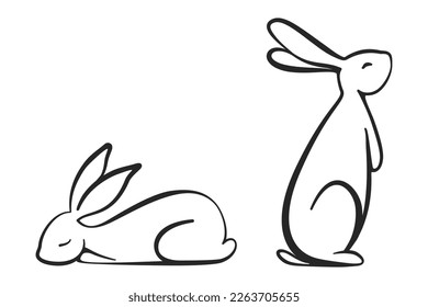 Bunny rabbits pair as a line drawing in vector