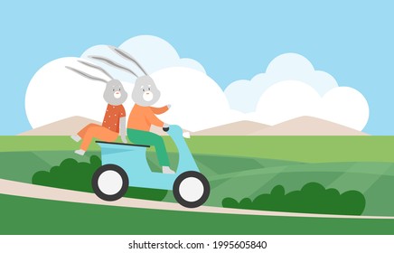 Bunny rabbits ride scooter in summer green rural landscape vector illustration. Cartoon cute funny rabbit animal characters travel together, driving moped on village road, creative kids background