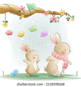 bunny rabits and brids cartoon illustration