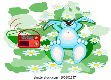Bunny with radio isolated on white background. Cute blue rabbit listening music on the meadow. World radio day. Retro radio and comic bunny.FM recorder for information broadcasting.Vector illustration