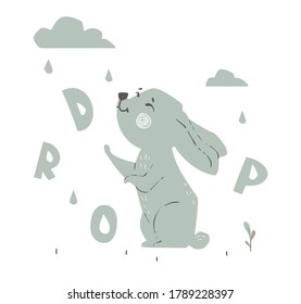 Bunny and rain drops baby cute print. Forest fiends. Sweet hare. Cool animal illustration for nursery, t-shirt, kids apparel, birthday card, invitation. Good for pajamas and playroom decor