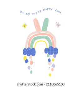 Bunny rainbow with clouds rain butterfly vector illustration isolated on white. Sunny bunny happy vibes phrase. Groovy spring sky childish print for Easter postcard design.