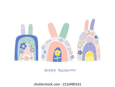 Bunny rainbows with flowers vector illustration set isolated on white. Happy rainbows phrase. Groovy spring sky childish print for Easter postcard design.