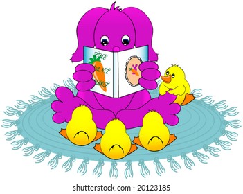 Bunny reading a book to chicks.