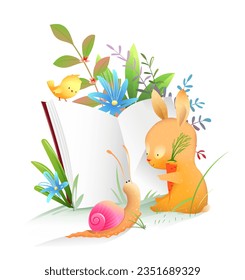 Bunny leyendo un libro con su amigo. Ilustración educativa y de estudio, biblioteca y escuela. Los animales leen libros y aprenden. Dibujo manual en acuarela para niños.