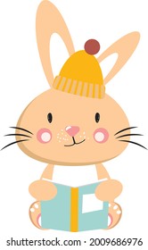 Bunny reading a book. Rabbit wearing a cap. Cute animal illustration