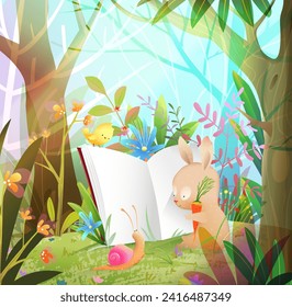 Bunny reading or studying a book in forest, animal school for art and craft or writing in journal. Cute storytelling animal cartoon for kids education. Vector animals in forest illustration.