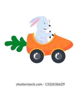 bunny rides on a car-carrot. Happy easter. hare character