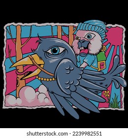 bunny riding bird hand drawing illustration