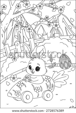 Bunny Riding Carrot Car Easter Worksheet Coloring Page Vector