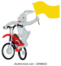 Bunny riding a motorcycle, holding a flag in the paw.