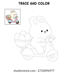 Bunny riding a scooter carrying Easter eggs Coloring Page. Bunny and Easter Eggs Coloring pages for kids. Trace and color Bunny and Easter Eggs for Easter Activity Printable Vector .