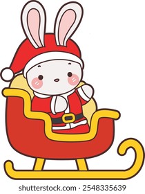 bunny riding a train of santa. Cute Christmas Bunny stock illustration. Funny bunny christmas for sticker elements. 