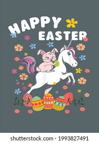 Bunny Riding Unicorn Easter Eggs Funny Happy Easter Gifts design vector illustration for use in design and print poster canvas