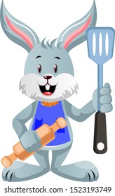 Bunny with rolling pin, illustration, vector on white background.